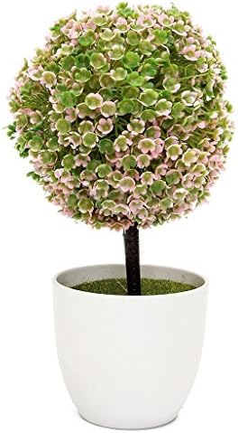 HMILYDYK Artificial Faux Potted Home Desk Tabletop Decor Flower Cherry Snow Tree Ball Plants Topiary Plant w/ White Planter Pots Office Garden Decor Outdoor Indoor Decorations