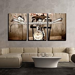 3 Piece Canvas Wall Art - Old Bicycle and Flowers - Modern Home Art Stretched and Framed Ready to Hang - 16"x24"x3 Panels