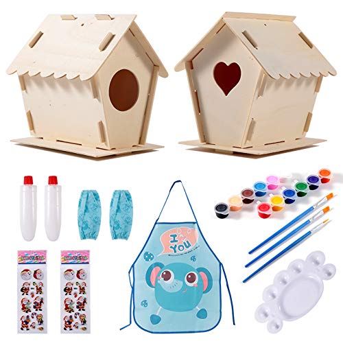 Vannana 2Pcs DIY Bird Houses Craft Kit for Ages 3-18,Build and Paint Birdhouse,Wooden Arts for Supplies Party Favors for Girls& Boys,Includes Paints,Brushes,Glue,Stickers,Apron(Random Stickers)