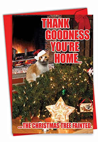 NobleWorks - Funny Cat Card for Christmas - Xmas Holiday Greeting, Pet Cats Notecard with Envelope - Tree Fainted Cat C2546XSG