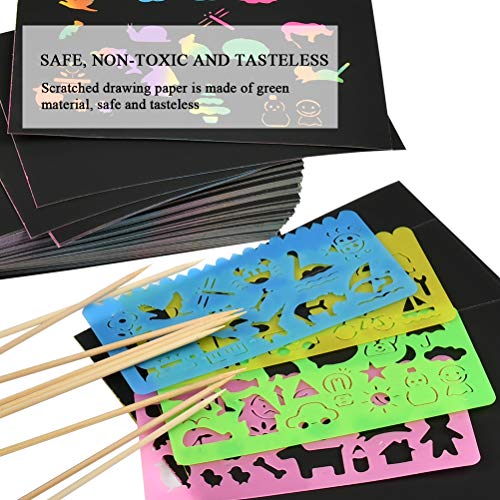 YANSHON 100 Piece Rainbow Magic Scratch Paper, Black Doodle Pad with Rainbow Background for Kids, Scratch Off Art Notes Boards with 10 Wooden Stylus and 4 Drawing Stencils