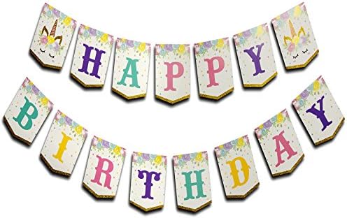 Happy Birthday Banner Unicorn, Set Cake Topper, Cute Confetti Balloons, Glitter Banner, Rainbow Pink Gold Decor, Girls Decoration Kit, Toddler Princess Package Favors Supplies by MoonBoo