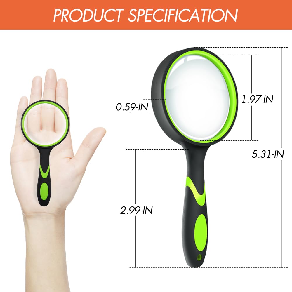 Leffis 8 Pack Magnifying Glass, 50mm 10X Glasses Lens Reading Magnifier for Kids and Seniors, Non-Slip Handheld Magnifying Glass for Close Work, Nature Exploration