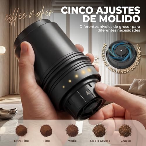 HAUSHOF Portable Cordless Electric Coffee Grinder with Double Thermal Cup 700ml, 5 Adjustable Grinding Levels, All-in-One Pour Coffee Maker for Camping, Outdoor Travel, RV and Office