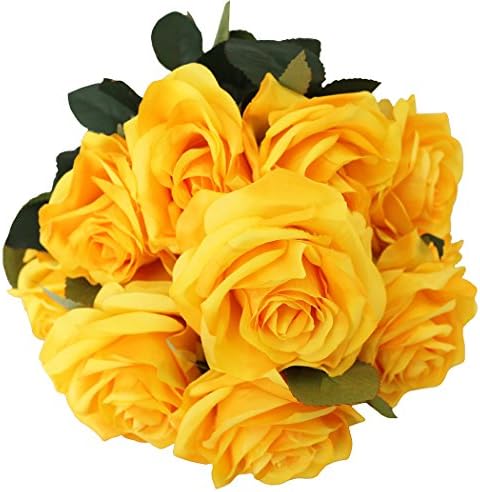 JAROWN 10 Heads Silk Rose Artificial Flowers Bouquet Leaves Arrangement for Wedding Home Decor Party Accessory Flores (Yellow)