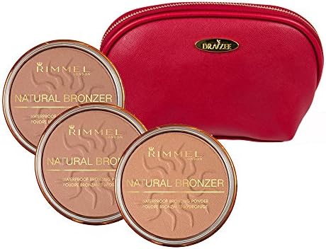 Rimmel Natural Bronzers Kit in Three Shades 0.49 Ounces Each; Sun Bronze, Sunshine and Sun Light with Deep Red Draizee Leather Cosmetic Bag