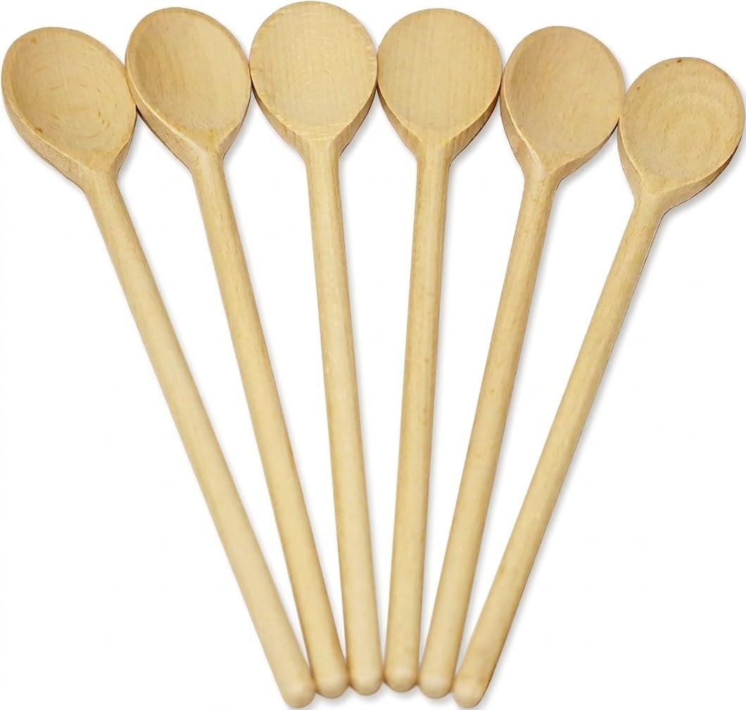 BICB 6-Pack 12-Inch Beech Wood Cooking Spoons – Deep-Bowl, Long-Handle, Non-Stick Safe, Oval Wooden Kitchen Utensils