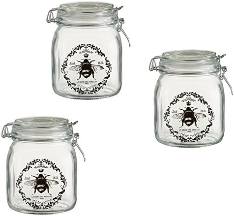 Set Of 3 Queen Bee 1000ml Jar Glass With Metal Silicone Clip Top