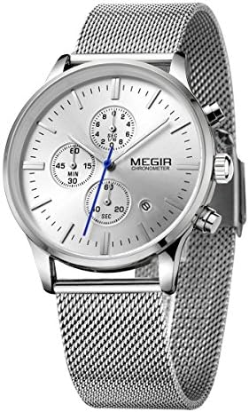 Chronograph Watches for Men White Face Quartz Analog with Stopwatch Classy Large Face Watches for Men Stainless Steel Mesh Band Sports Men