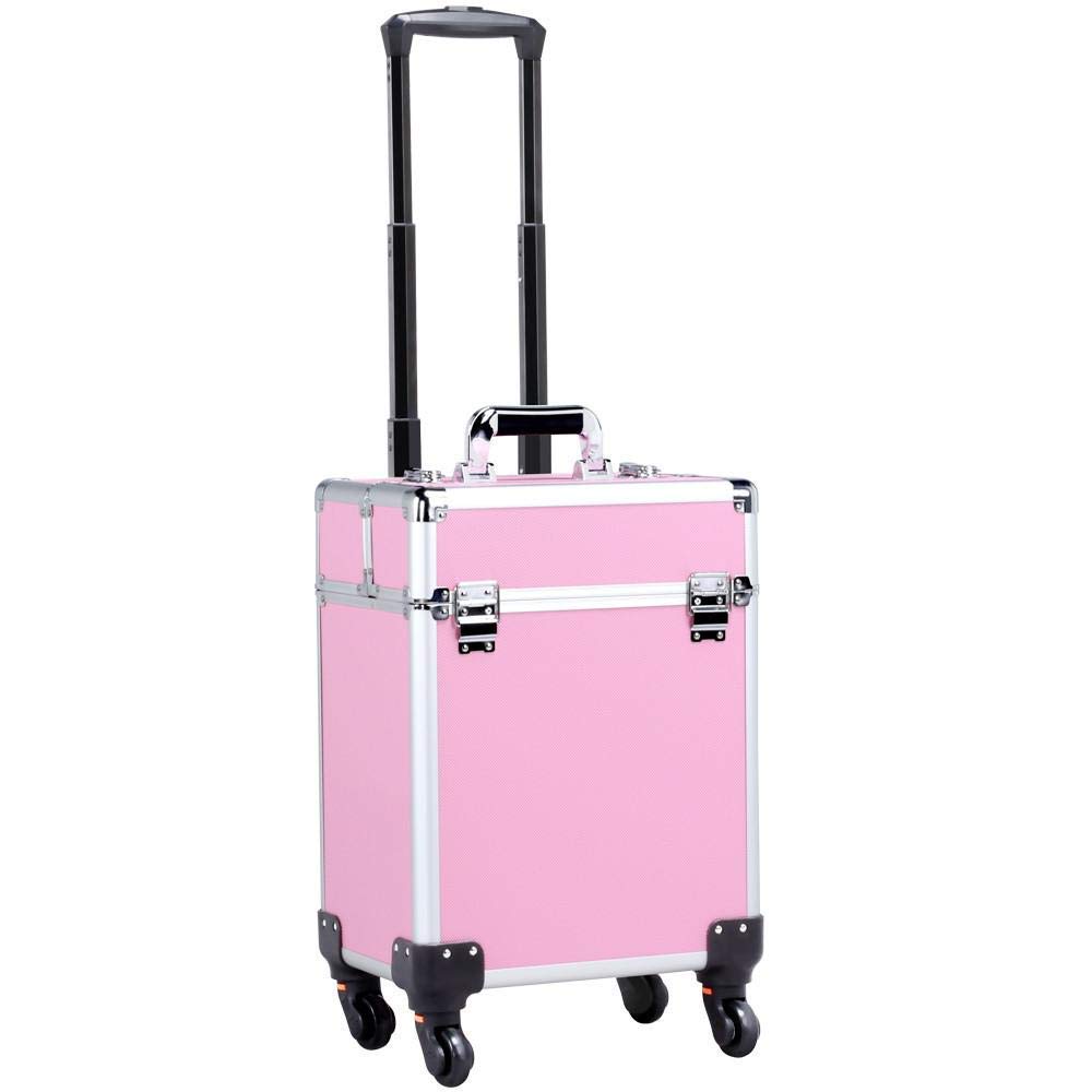 Kanstar Aluminum Portable Cosmetic Beauty Hairdressing Makeup Box Case Storage Trolley Pink