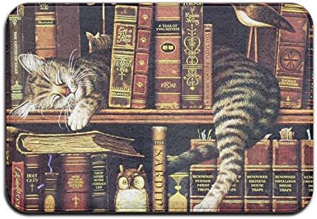 Oyxinyu Funny Lazy Kitten Bookshelf Sleeping Cat Indoor Outdoor Door Mat Entrance Rug Floor Mats Bath Mat Non-slip Low Profile Washable Carpet 23.6 X 15.7inch