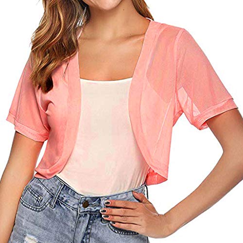 Summer Womens Tops Semi Sheer Short Sleeve Corp T-Shirt Chiffon Solid Basic Shrug Open Front Bolero Cardigan Tops Pink
