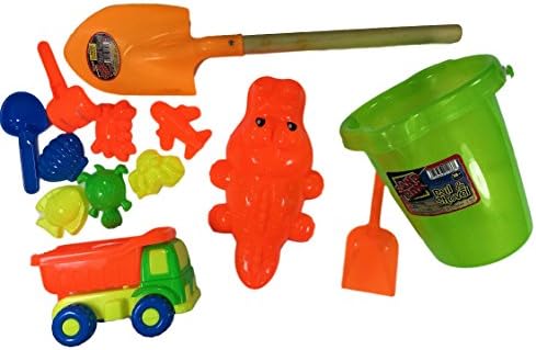 Beach and Sand Box Toys Bundle, 1 Sand Pail and Shovel, 1 Mini Sand Truck Set, 1 Sand Wood Shovel, 1 Sand Gator Mold. Great birthday party favors. For Boys and Girls all Ages. COLORS MAY VARY