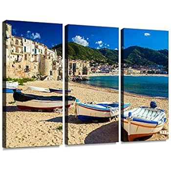 Old Beach in Cefalu with Fishing Boats Print On Canvas Wall Artwork Modern Photography Home Decor Unique Pattern Stretched and Framed 3 Piece