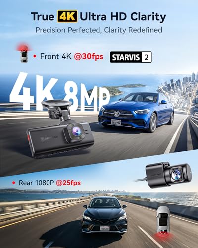 REDTIGER F7NA 4K Front Rear Dashcam, STARVIS 2 IMX678 8MP Sensor, WiFi 5GHz 20MB/s, GPS, Night Vision, Dual Car Camera, WDR, Voice Control, No SD Card, Supports 512GB Max