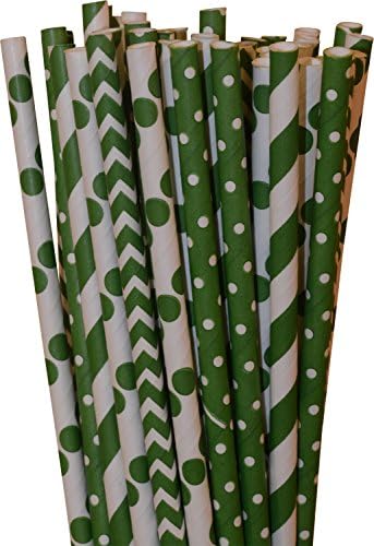 Paper Straws, Biodegradable, Green color with different designs, Box of 144 straws
