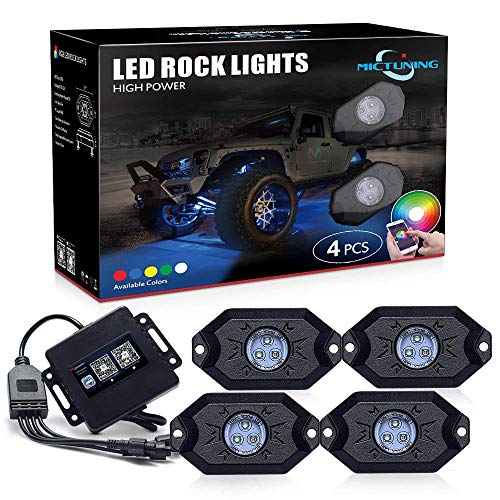 MICTUNING 2nd-Gen RGB LED Rock Lights with Bluetooth Controller, Timing Function, Music Mode - 4 Pods Multicolor Neon LED Light Kit