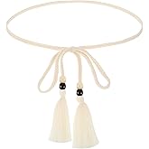 FdcLixuvol Women's Braided Knotted Waist Belt, Skinny Boho Chain Fringe Tie Belt with Wooden Beads Decorative Beaded Belts Waistband for Women Dresses, Skirts, Tunics Boho Outfits (White)