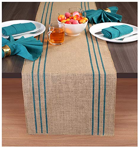 Ramanta Home 2-Pack Rustic Farmhouse Stripe Burlap Jute Table Runners 14x90 Natural with Teal Stripe