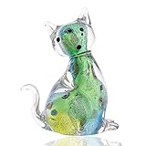 Qf Handmade Cat Blown Glass Figurine for Christmas, Birthday Home Decor Green and Clear