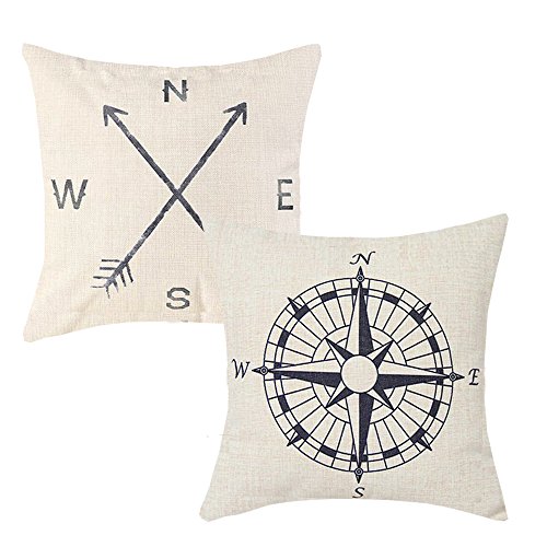 Anickal Set of 2 Summer Decorations Nautical Arrow Compass Decorative Throw Pillow Covers Cotton Linen Pillow Cases 18 x 18 for Summer Home Decor