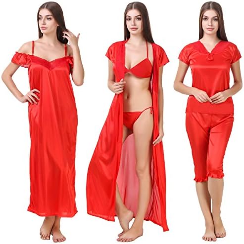 Satin Nightwear 6 Pcs Set of Nighty,Robe,Top,Capry,Bra, Thong & Lingerie for Women at Rs 599