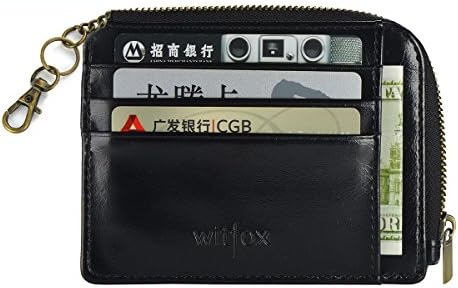 Womens RFID Leather Zipper Small Card Case Slim Wallet With Key Chain ID Window ( Black ) …