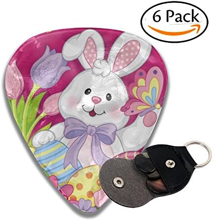 Happy Easter Bunny Chick Egg Guitar Picks Plectrums Celluloid For Bass Ukulele Includes Thin, Medium, Heavy Gauges With Leather Pick Holder 6 Pack Same Pattern