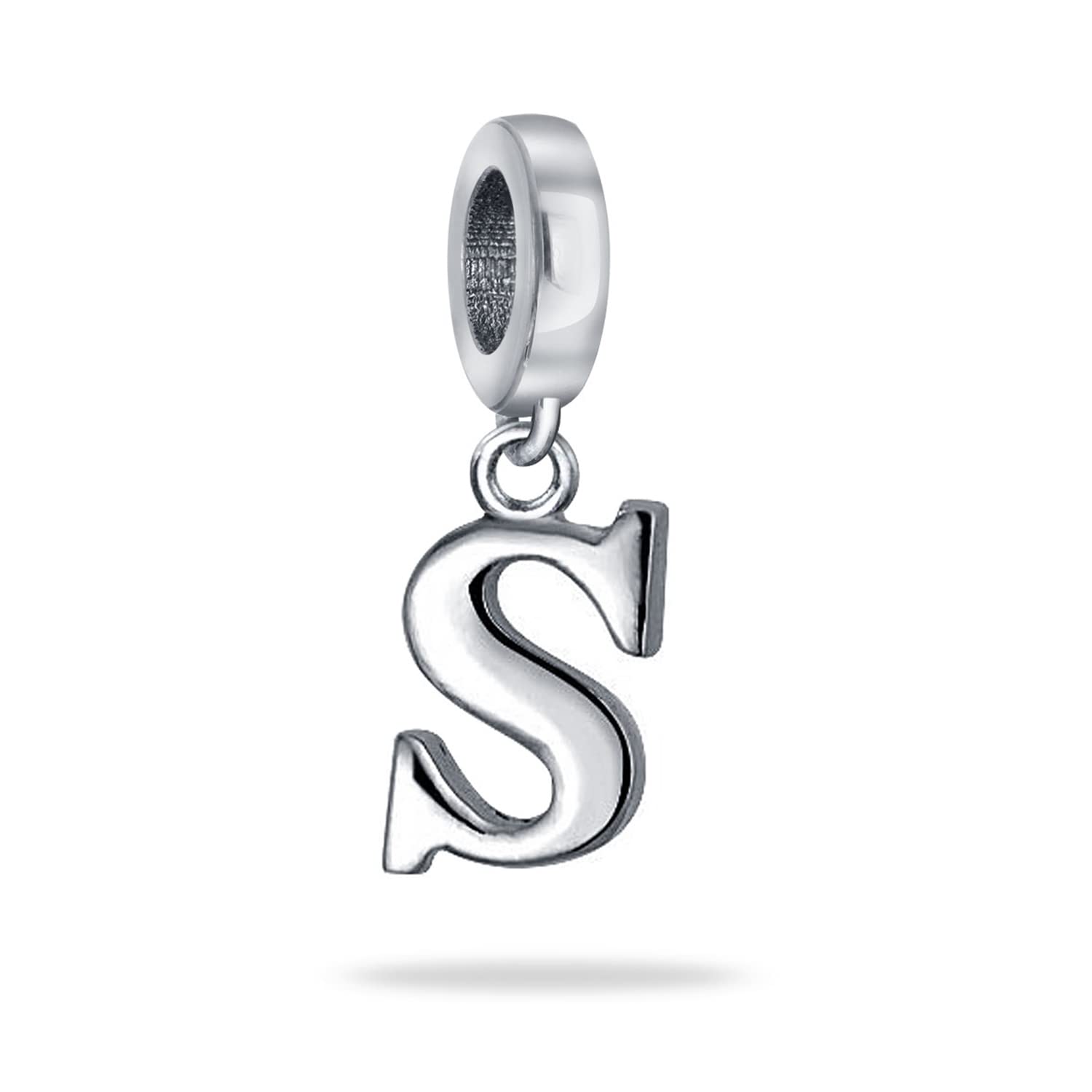 Bling Jewelry Personalized Gift Block Letter S Alphabet Initial Dangle Charm Bead For Women For Teen .925 Sterling Silver For European Bracelet