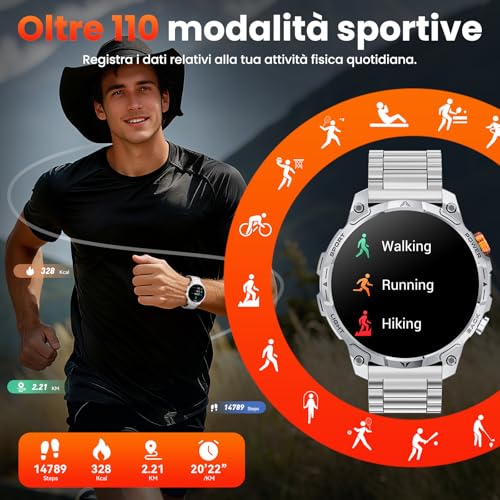 Orologio Uomo Militare, 1000 mAh Batteria Smartwatch, Due Cinturini, Schermo HD 1,75", Torcia LED, 100＋ Modalità Sportive, Monitoraggio della Salute, Chiamate Bluetooth per iOS Android (Argento)