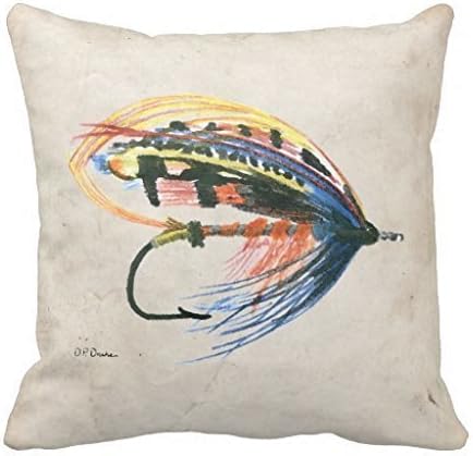 Fly Fishing Lure Art Salmon Fly Lure Decorative Printed Polyester Throw Pillow Cover 18 x 18 Inches