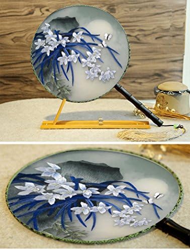 Handmade 3D Lifelike Cliff Moon Night Scenery Embroidery Silk Hand Fan