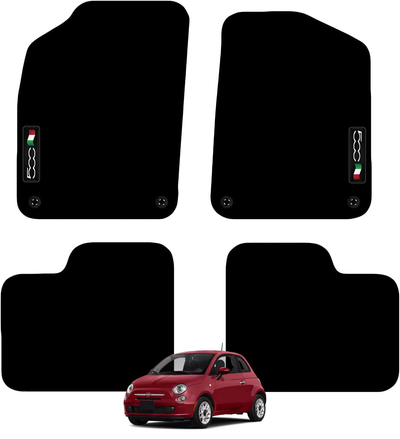 Carsio Carpet Car Mats For Fiat 500 2012+ Onwards (4 Clips) with Italian Flag logo Tailored Fit Floor Mat Complete Accessory Custom Fitted - All Weather, Anti-Slip Backing & Black Trim