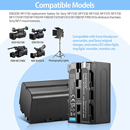 ENEGON NP-F750 Batería de Repuesto (Paquete de 2, 5600mAh) y Smart LED Cargador USB para Sony NP-F550 570 750 770 930 950 FM55H FM500H QM71 QM91 QM71D y Led Light, Monitor, Motorized Slider