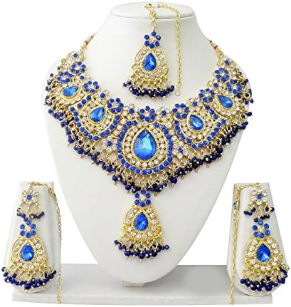 Exquisite Jewels Ethnic Gold Plated Necklace Set Indian Bollywood Jewelry Set with Earrings and Maang Tikka JS9002 Available in 12 Colors