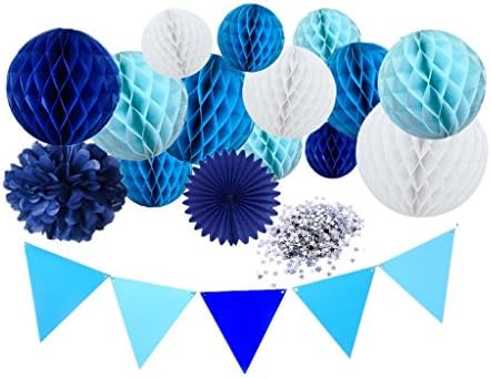 Hanzen 21 Pcs White &amp; Assorted Blue Kit - Tissue Paper Pom Poms Flower Balls + Paper Fans + Honeycomb Balls + Flag Banner + Star Confetti For Birthday Wedding Party Baby Shower Outdoor Decorations