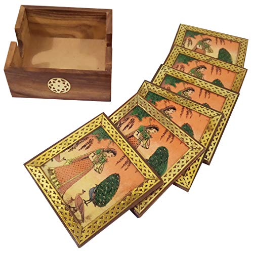 Purpledip Pinewood Gemstone Coasters (Set of 6): Ragini, Indian Rajasthani Belle (10716B) 4