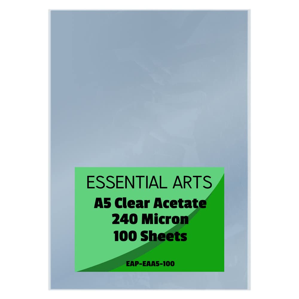 Essential Arts A5 Clear Acetate 240 Micron Pack of 100 Sheets. Extra Thick PVC Binding Cover Ideal for Etching, Craft, Stencils Picture Frames and Gifts - 148x210mm