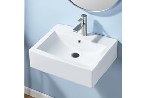 VC CUCINE VCCUCINE Modern Commercial 21x16 Inch Wall Mounted Bathroom Vessel Sink,Wall Hung or Countertop Sink Rectangle White Porcelain Ceramic Lavatory Bath Vanity Sink Art Basin with Faucet Hole and Overflow