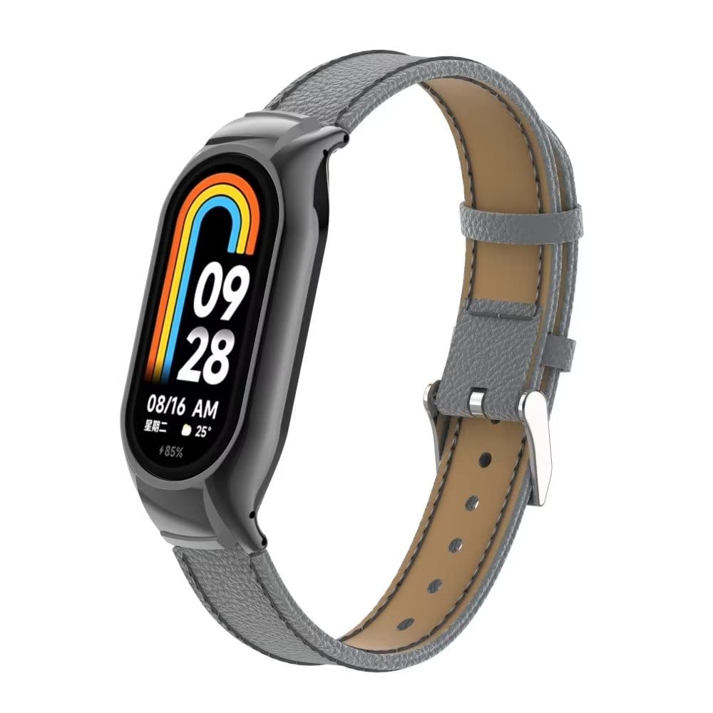 T-BLUER Compatible with Xiaomi Mi Smart Band 8 Strap,Mi Band 8 Leather Replacement Bracelet Band Wristband Accessories with Metal Frame for Xiaomi Smart Band 8 Grey