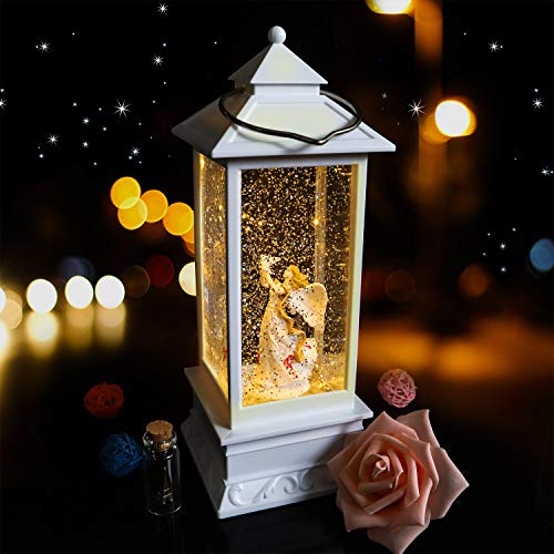 QTKJ USB and Battery Operated Cute Angel Night Lamp Spinning Water Lantern Snow Globe Lantern for Desk, Room Decoration Gifts (White)