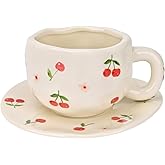 Koythin Ceramic Coffee Mug with Saucer Set, Creative Cute Cherry Cup Unique Irregular Design for Office and Home, 10 oz/300 ml for Latte Tea Milk