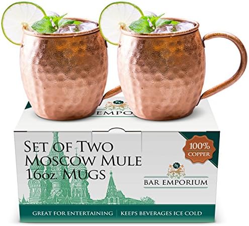 Moscow Mule Copper Mugs – Moscow Mule Set of 2 Cups, 0.5 Pound Heavy Classic 16oz Hammered Barrel w/ Pure Copper Handle. No Liner - Beautiful Shine. Cocktail Bar Accessories for Your Home.