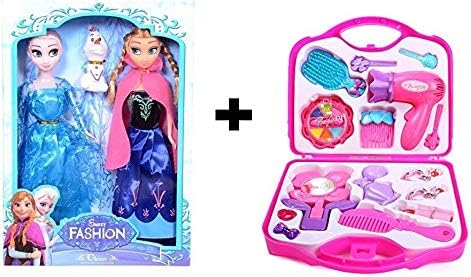 K&F Beauty Set for Girls with Toys Frozen Anna an Elsa Dolls for Girls - 28 cm (Multicolour)-Combo