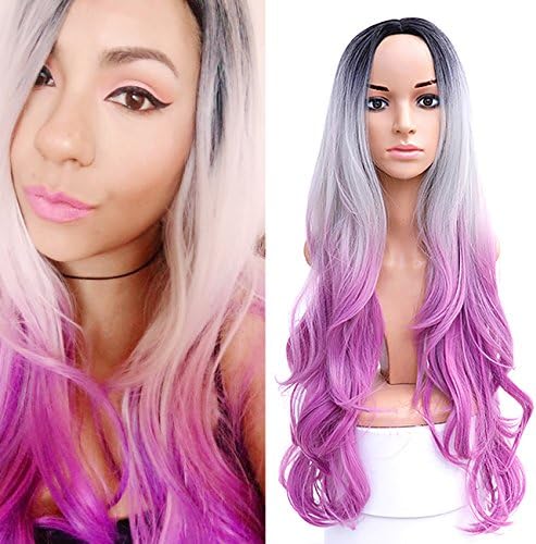 MEIFNA WIG 32'' Ombre Black Gary Purple Hair Long Wavy Curly Wigs Halloween Party Wigs Synthetic Hair Cheap Heat Resistant Wigs For Black Women