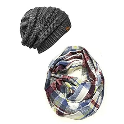Winter Hat Beanie and Scarf Sets for Women, Plaid Tartan Infinity Scarves and Pom Pom Knit Slouchy Beanies Hats