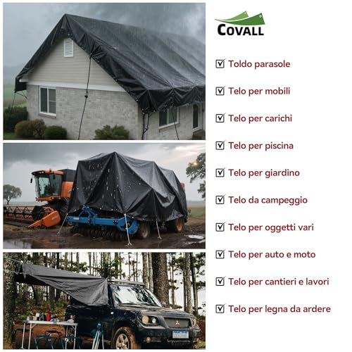 COVALL Waterproof Tarpaulin 115 g/m² 3 x 4 m Black Tear-resistant Anti-UV with Metal Eyelets Multipurpose for Camping, Garden, Car and Trampoline