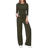 WIHOLL 2 Piece Lounge Sets for Women Summer Vacation Outfits 3/4 Sleeve Tops with Side Ruched Wide Leg Pants Matching Sets