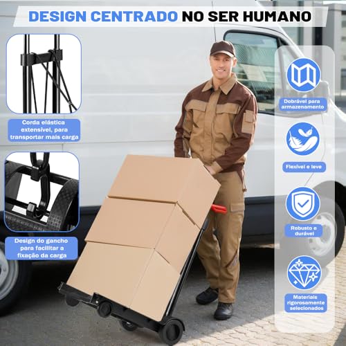 Carrinho de Carga Dobrável, Carrinho Plataforma de Mão Dobrável, Ajuste de Altura em 3 Posições, Capacidade Máxima de Carga de 70 kg