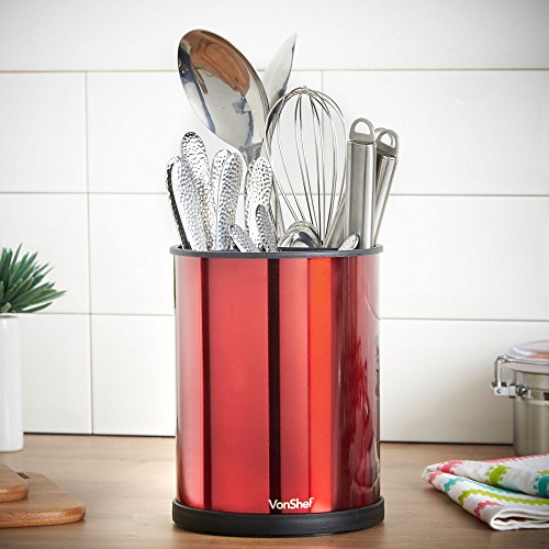 VonShef 7 Inch Rotating Kitchen Utensil Holder Stainless Steel Red